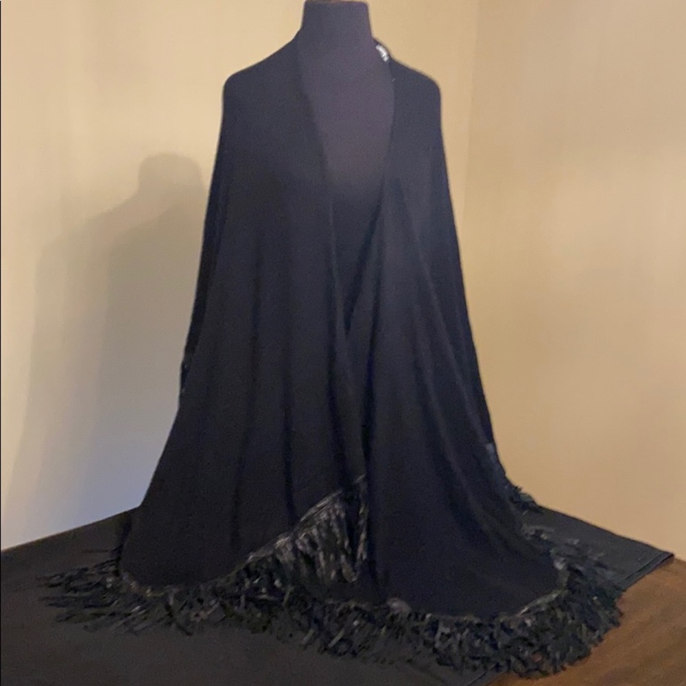 Black Cashmere Blend Shawl with Leather fringes